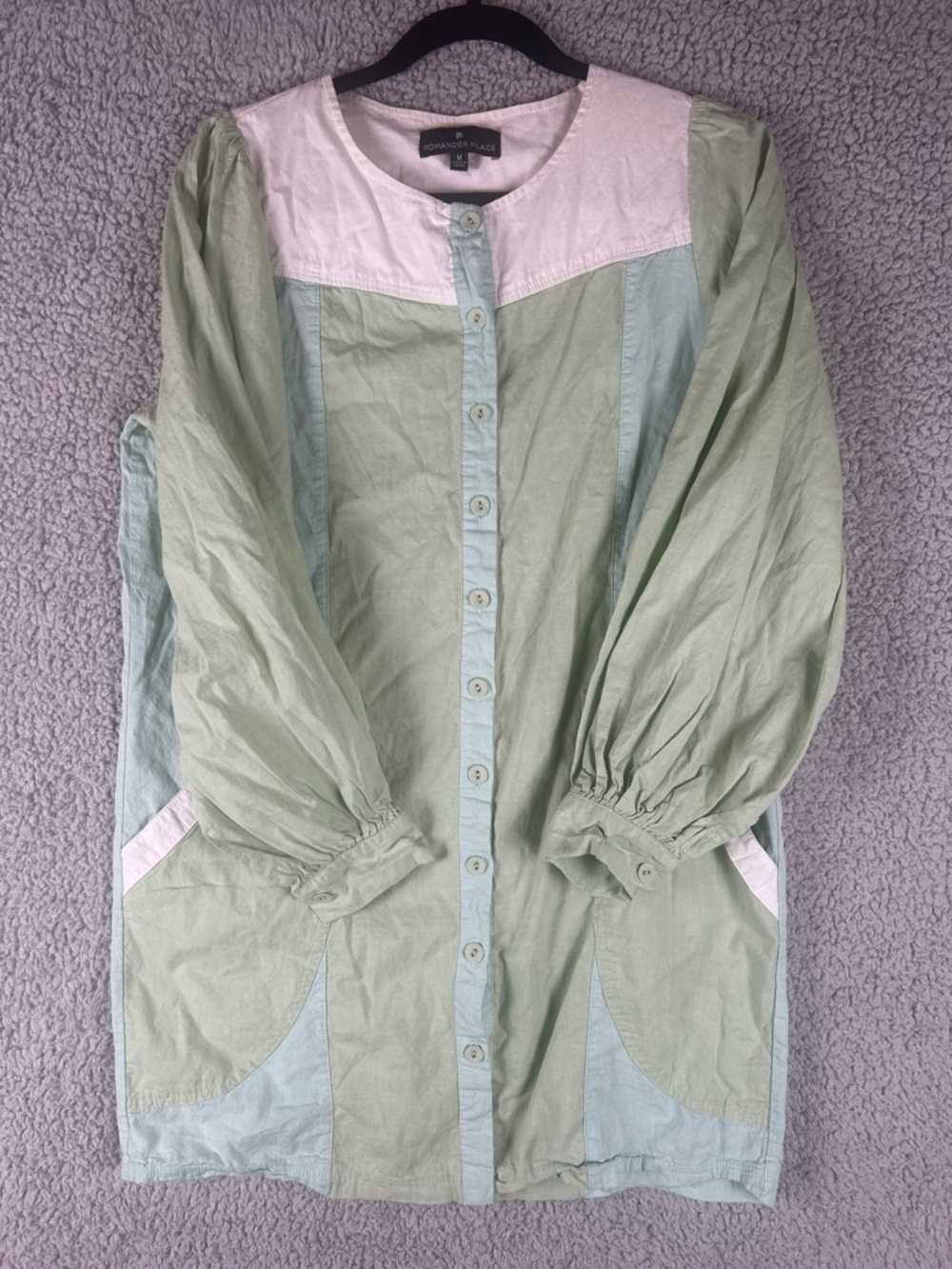 Pomander Place Puff Long Sleeve Button Front Shift Mint Green White Dress Size M - Picture 10 of 16